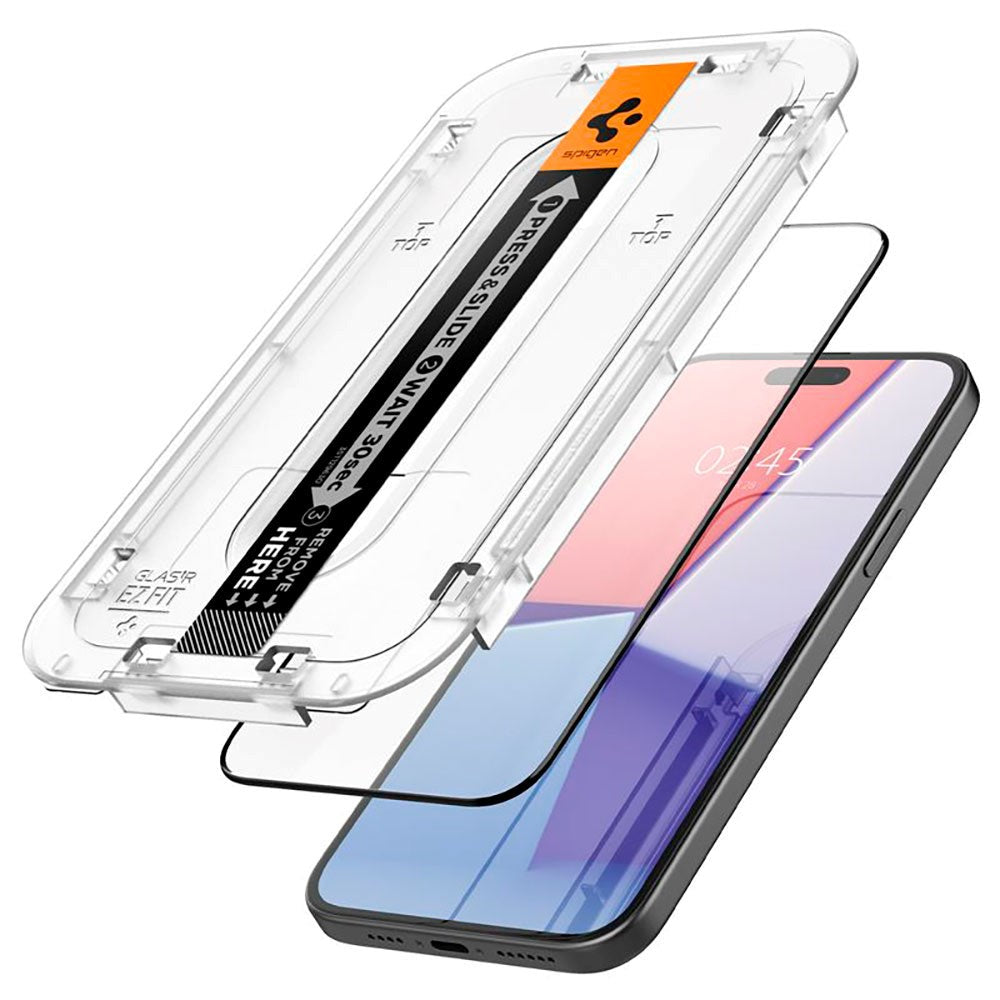 iPhone 15 Spigen EZ Fit Glas.tR Skärmskydd 2. Stk - Case Friendly - Svart Kant