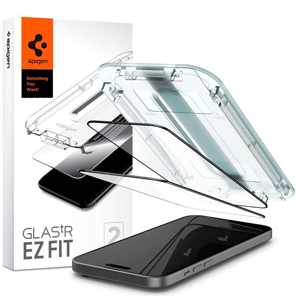 iPhone 15 Spigen EZ Fit Glas.tR Skärmskydd 2. Stk - Case Friendly - Svart Kant