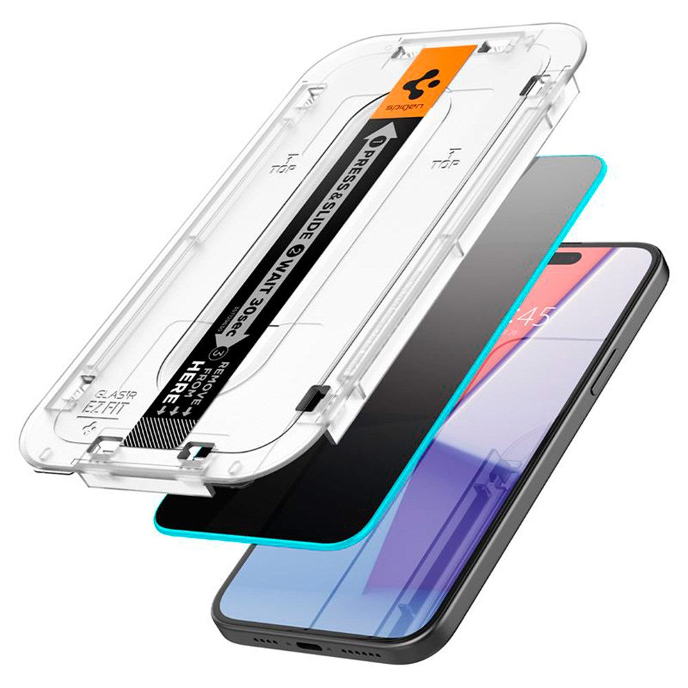 iPhone 15 / 16 Spigen EZ Fit Glas.tR Skärmskydd 2. Stk - Privacy Filter - Case Friendly - Genomskinlig