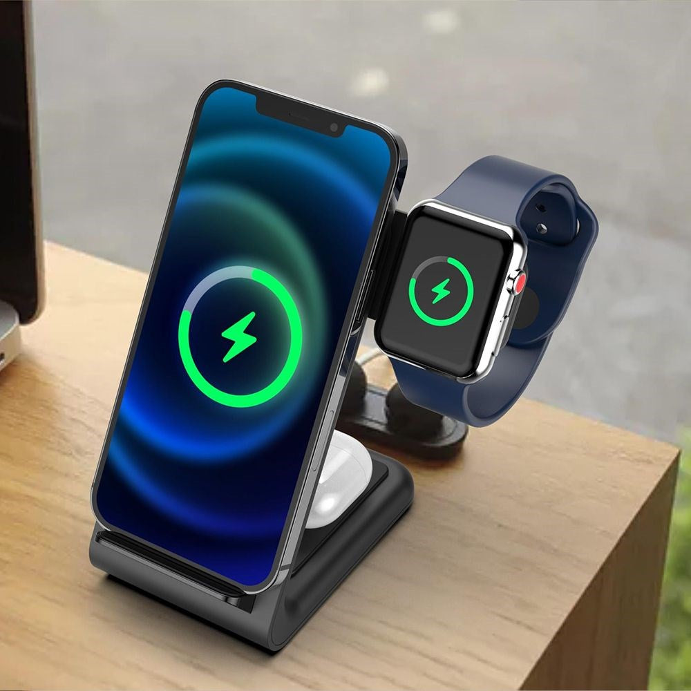 Tech-Protect A20 3-i-1 Trådlös Laddningsstation m. Ljus 15W - Apple Watch, AirPods & Smartphone - Svart