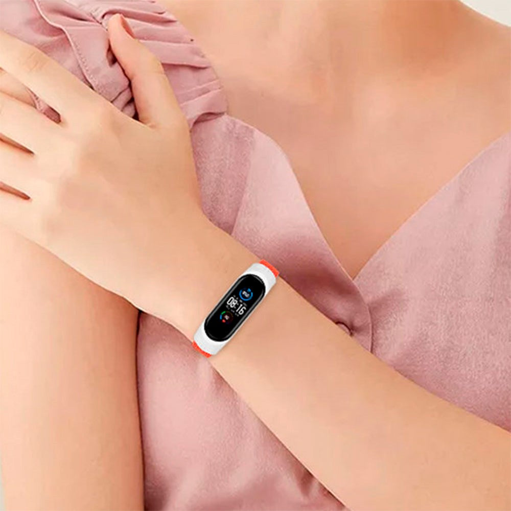 Xiaomi Mi Smart Band 5 / 6 Hurtel Flätad Tygrem - Vit / Rosa