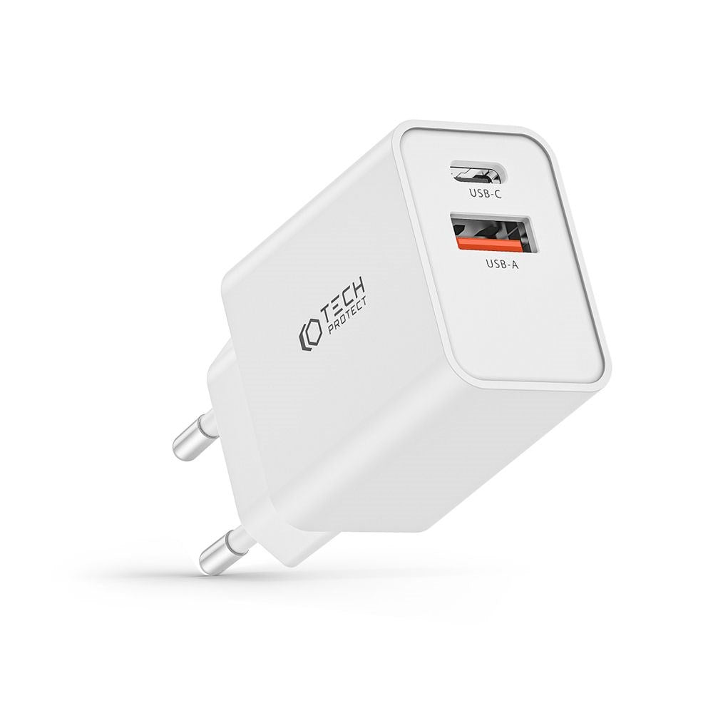 Tech-Protect Network 30W Väggladdare med 1 x USB-A QC & 1 x USB-C PD - Vit