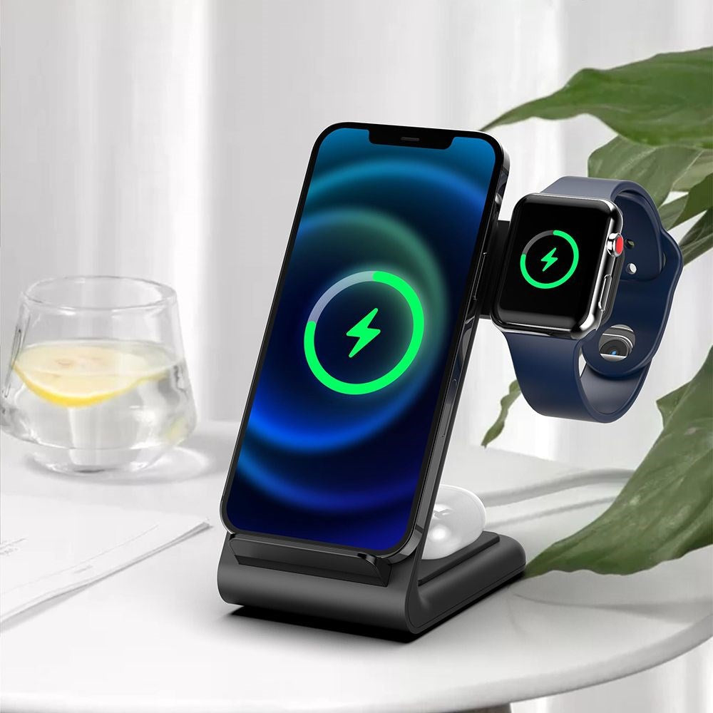 Tech-Protect A20 3-i-1 Trådlös Laddningsstation m. Ljus 15W - Apple Watch, AirPods & Smartphone - Svart