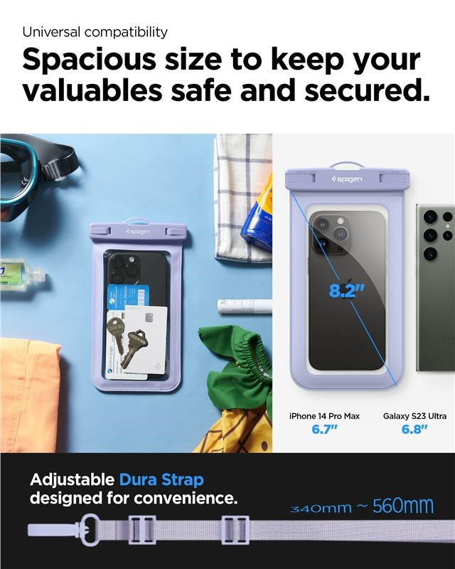 Spigen A601 Universal Waterproof Case Pouch - Lila / Transparent (Max. Telefon: 163 x 90mm)