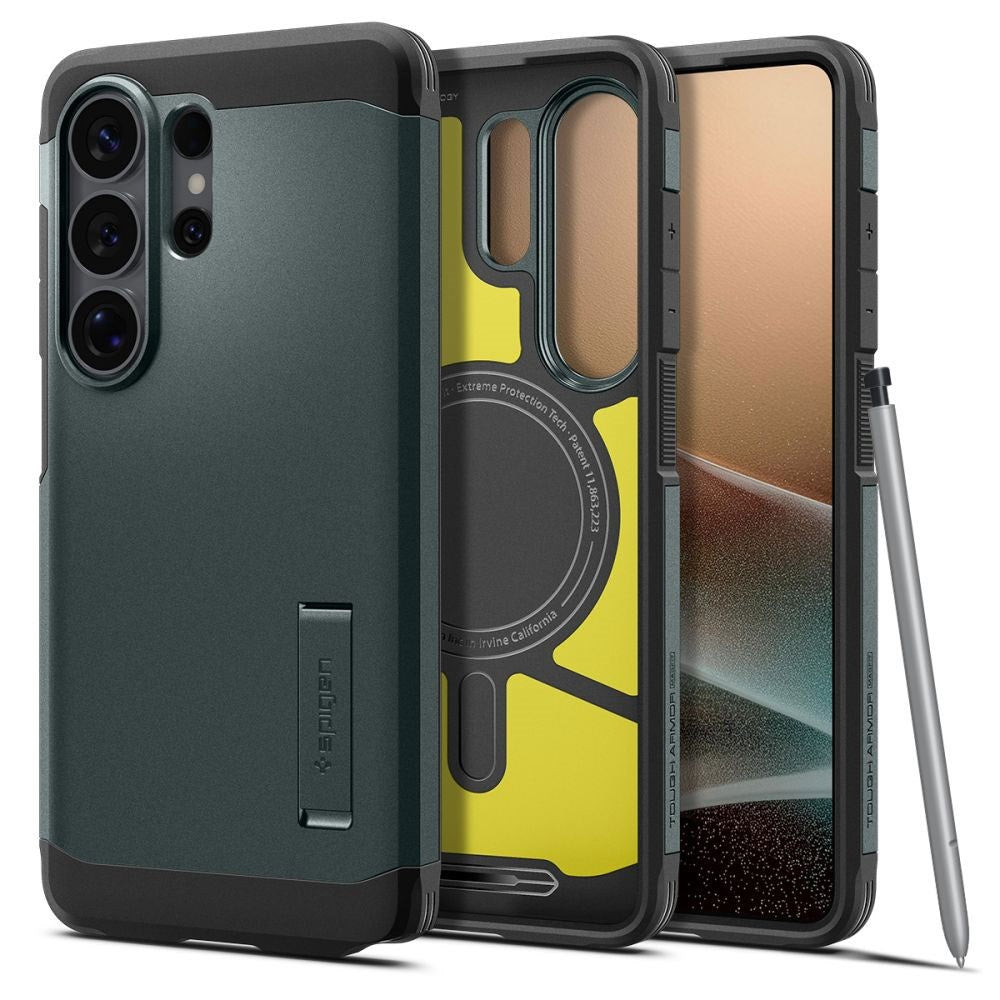 Samsung Galaxy S26 Ultra Spigen Tough Armor Hybrid Skal m. Stativfunktion - MagSafe Kompatibel - Grön
