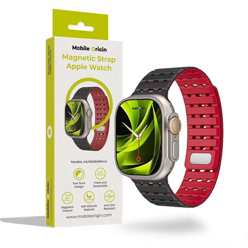 Apple Watch (42/44/SE/45/46/49mm) Mobile Origin Magnetisk Silikon Armband - Svart / Röd