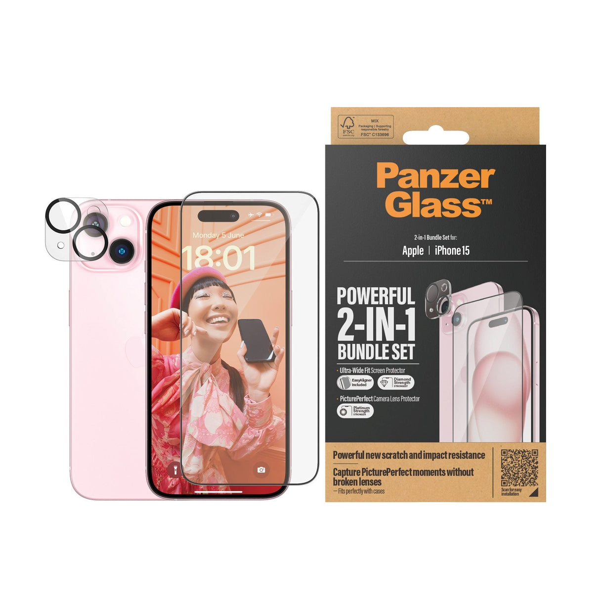 iPhone 15 PanzerGlass 2-i-1 Bundle m. EasyAligner - Skärmskydd (UWF) / Kameraskydd - Genomskinlig / Svart