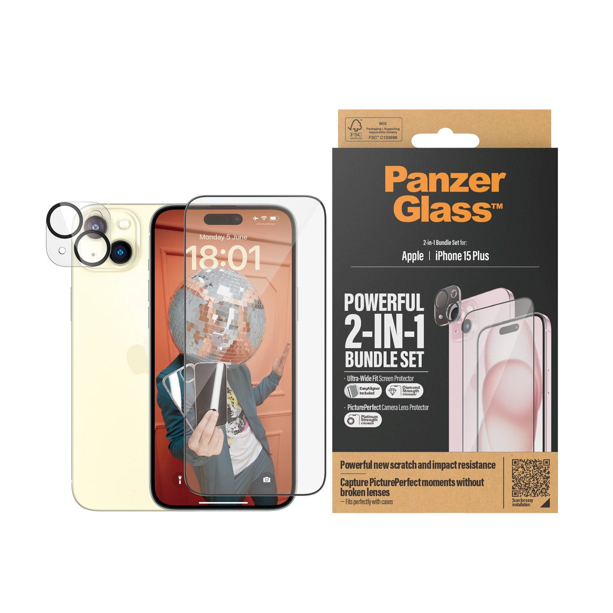 iPhone 15 Plus PanzerGlass 2-i-1 Bundle m. EasyAligner - Skärmskydd (UWF) / Kameraskydd - Genomskinlig / Svart