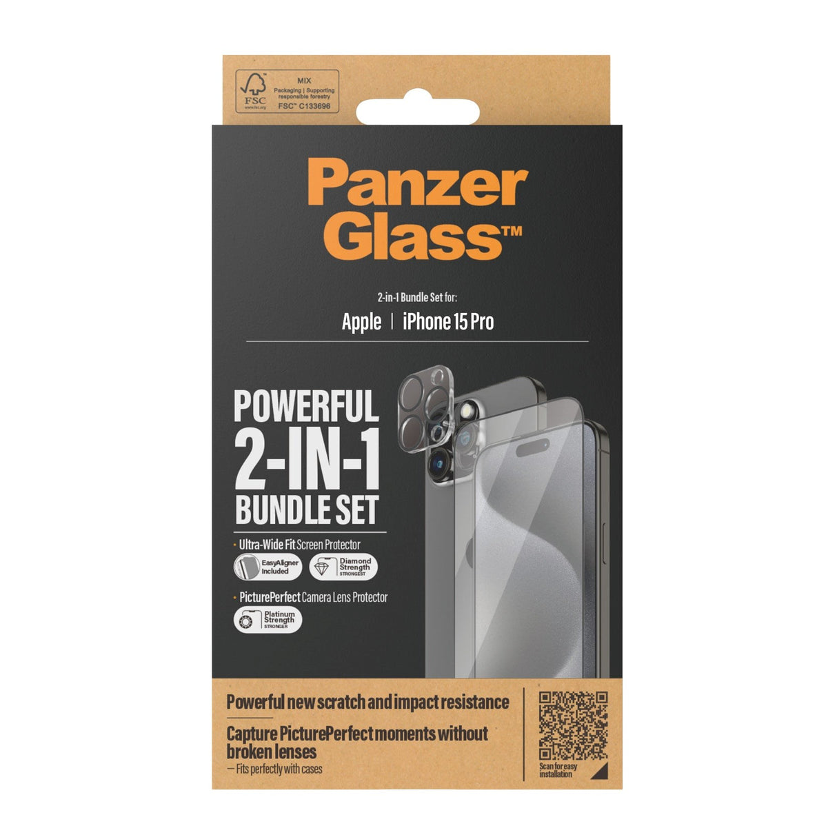 iPhone 15 Pro PanzerGlass 2-i-1 Bundle m. EasyAligner - Skärmskydd (UWF) / Kameraskydd - Genomskinlig / Svart