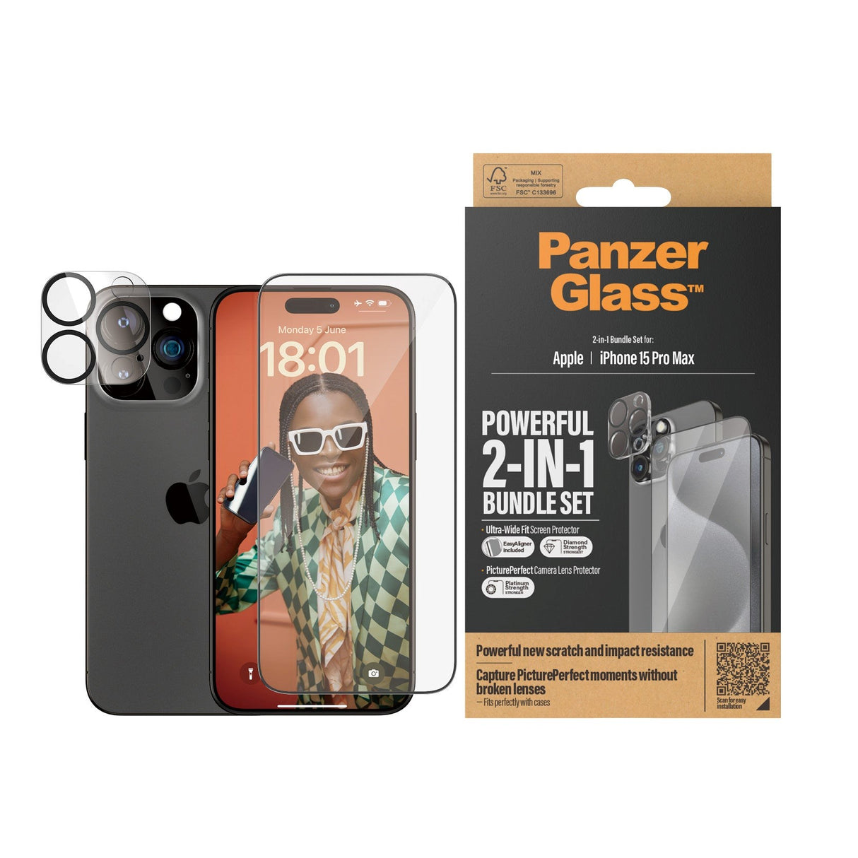 iPhone 15 Pro Max PanzerGlass 2-i-1 Bundle m. EasyAligner - Skärmskydd (UWF) / Kameraskydd - Genomskinlig / Svart