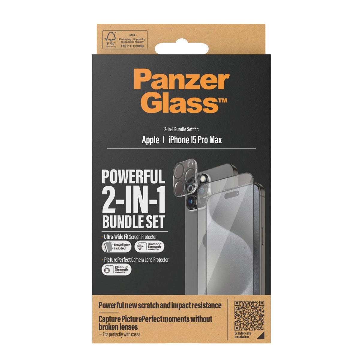 iPhone 15 Pro Max PanzerGlass 2-i-1 Bundle m. EasyAligner - Skärmskydd (UWF) / Kameraskydd - Genomskinlig / Svart