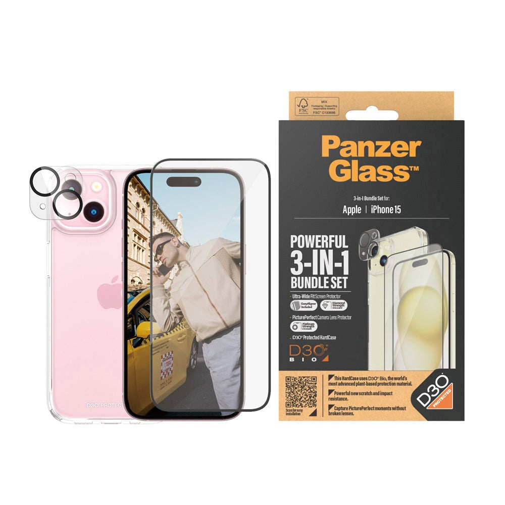 iPhone 15 PanzerGlass 3-i-1 Bundle m. EasyAligner - Skärmskydd (UWF) / Skal / Kameraskydd - Genomskinlig / Svart