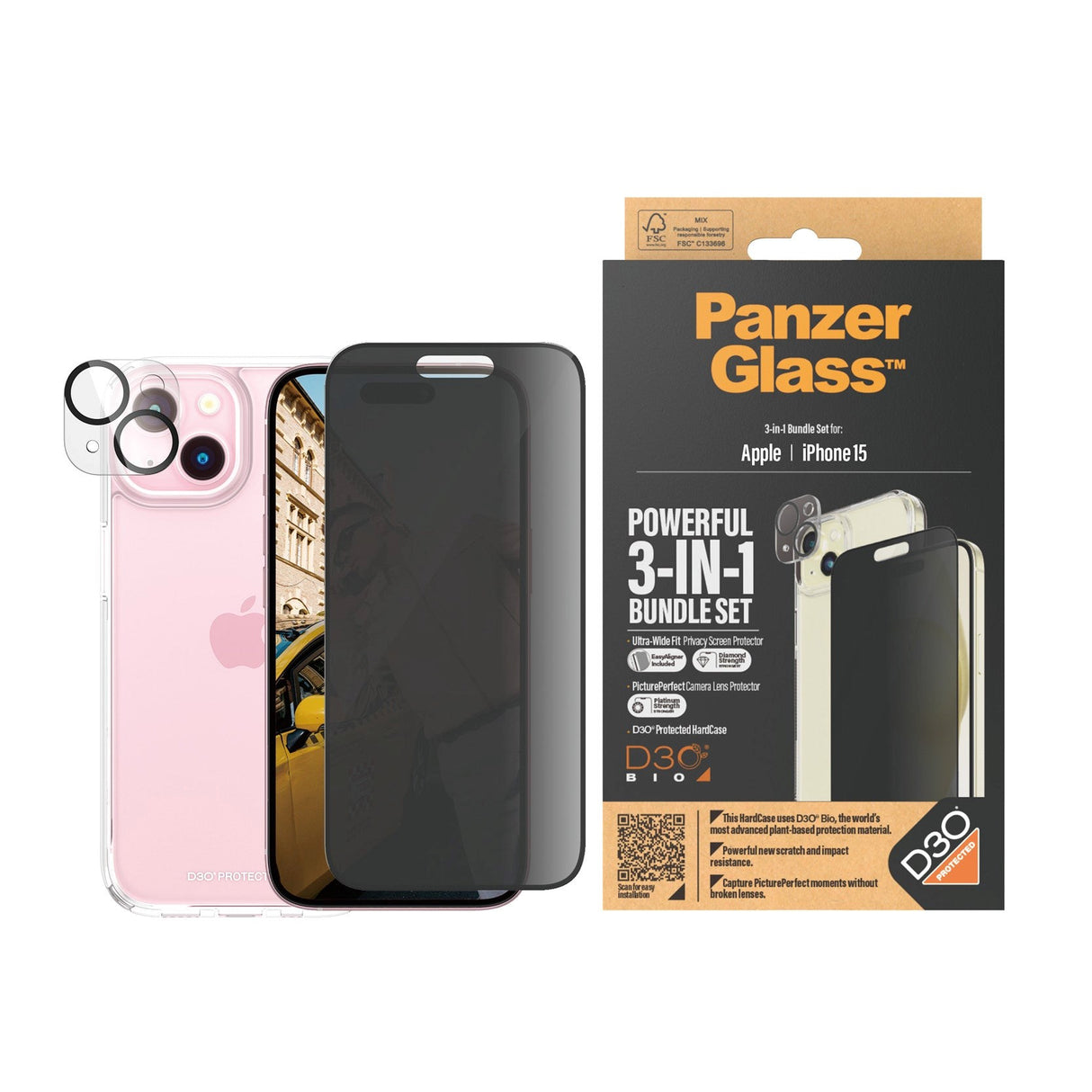 iPhone 15 PanzerGlass 3-i-1 Bundle m. EasyAligner - Privacy Skärmskydd (UWF) / Skal / Kameraskydd - Genomskinlig / Svart