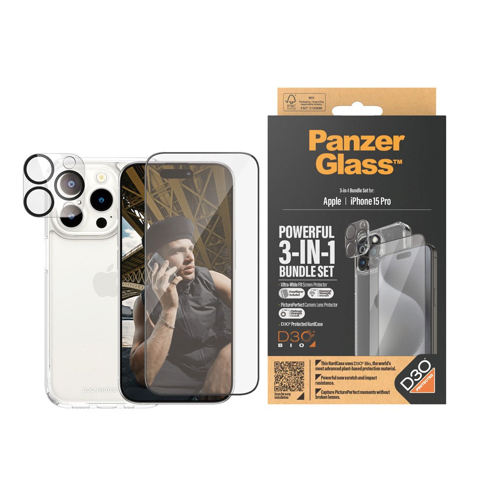 iPhone 15 Pro PanzerGlass 3-i-1 Bundle m. EasyAligner - Skärmskydd (UWF) / Skal / Kameraskydd - Genomskinlig / Svart