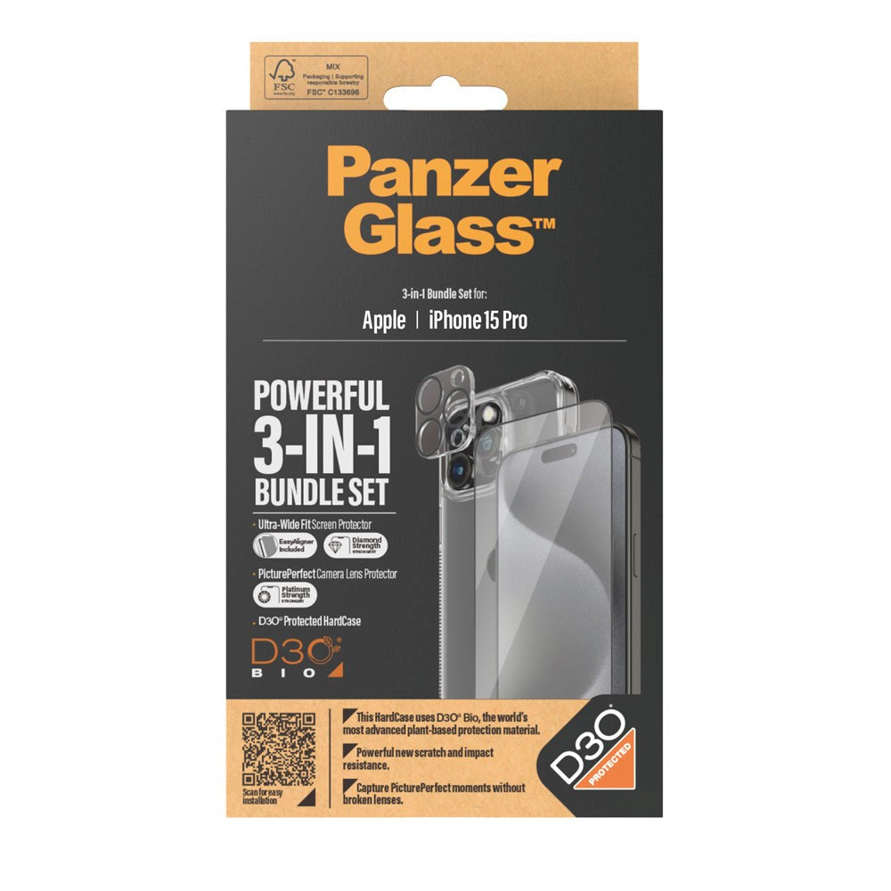 iPhone 15 Pro PanzerGlass 3-i-1 Bundle m. EasyAligner - Skärmskydd (UWF) / Skal / Kameraskydd - Genomskinlig / Svart