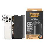 iPhone 15 Pro PanzerGlass 3-i-1 Bundle m. EasyAligner - Privacy Skärmskydd (UWF) / Skal / Kameraskydd - Genomskinlig / Svart