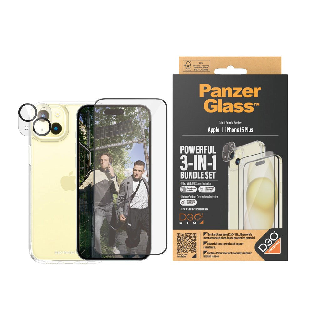 iPhone 15 Plus PanzerGlass 3-i-1 Bundle m. EasyAligner - Skärmskydd (UWF) / Skal / Kameraskydd - Genomskinlig / Svart