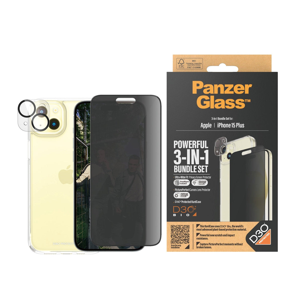 iPhone 15 Plus PanzerGlass 3-i-1 Bundle m. EasyAligner - Privacy Skärmskydd (UWF) / Skal / Kameraskydd - Genomskinlig / Svart