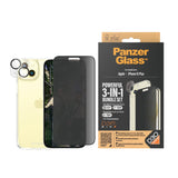 iPhone 15 Plus PanzerGlass 3-i-1 Bundle m. EasyAligner - Privacy Skärmskydd (UWF) / Skal / Kameraskydd - Genomskinlig / Svart