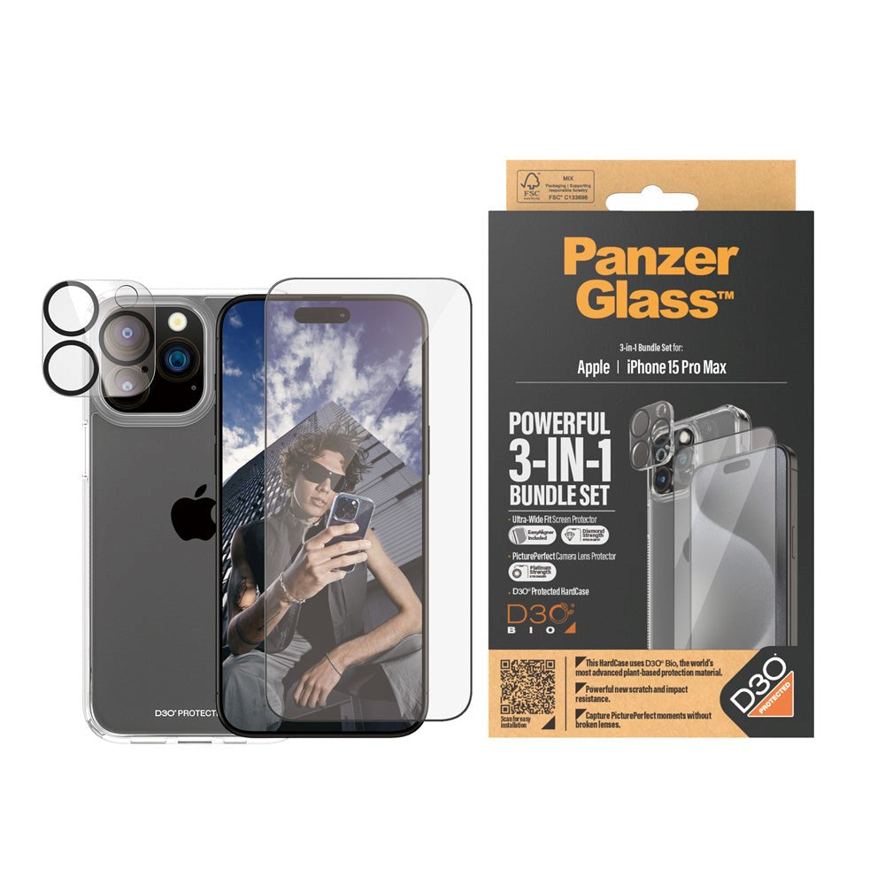 iPhone 15 Pro Max PanzerGlass 3-i-1 Bundle m. EasyAligner - Skärmskydd (UWF) / Skal / Kameraskydd - Genomskinlig / Svart