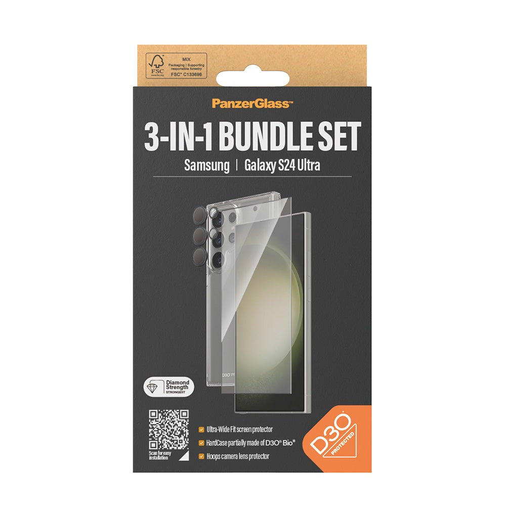 Samsung Galaxy S24 Ultra PanzerGlass 3-i-1-Bundle m. EasyAligner - Skärmskydd (UWF) / D3O Bio Hardcase Skal / Hoops Kameraskydd - Transparent / Svart