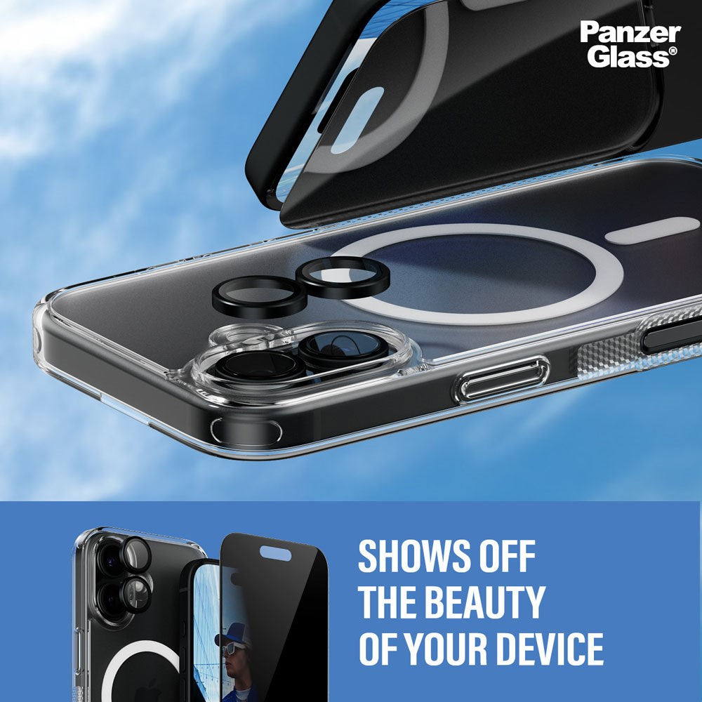 iPhone 16 PanzerGlass 3-i-1 Bundle m. EasyAligner - Privacy Skärmskydd (UWF) / Skal / Kameraskydd - Genomskinlig / Svart