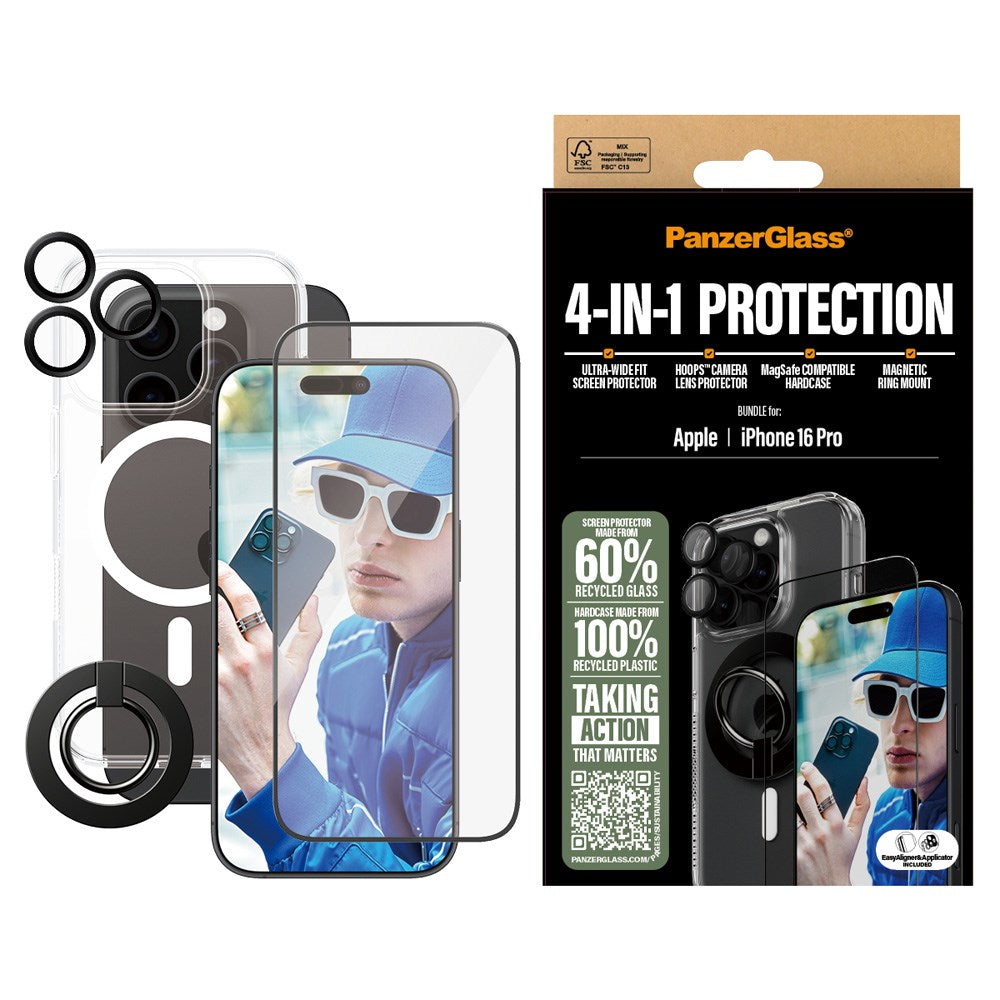 iPhone 16 Pro PanzerGlass 4-i-1 Bundle m. EasyAligner - Skärmskydd (UWF) / Skal / Kameraskydd / Fingerring - Genomskinlig / Svart