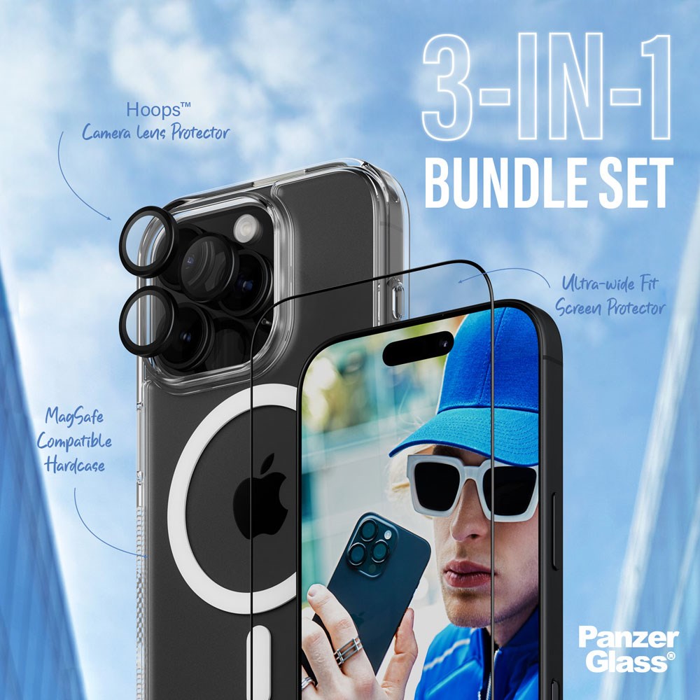 iPhone 16 Pro PanzerGlass 3-i-1 Bundle m. EasyAligner - Skärmskydd (UWF) / Skal / Kameraskydd - Genomskinlig / Svart