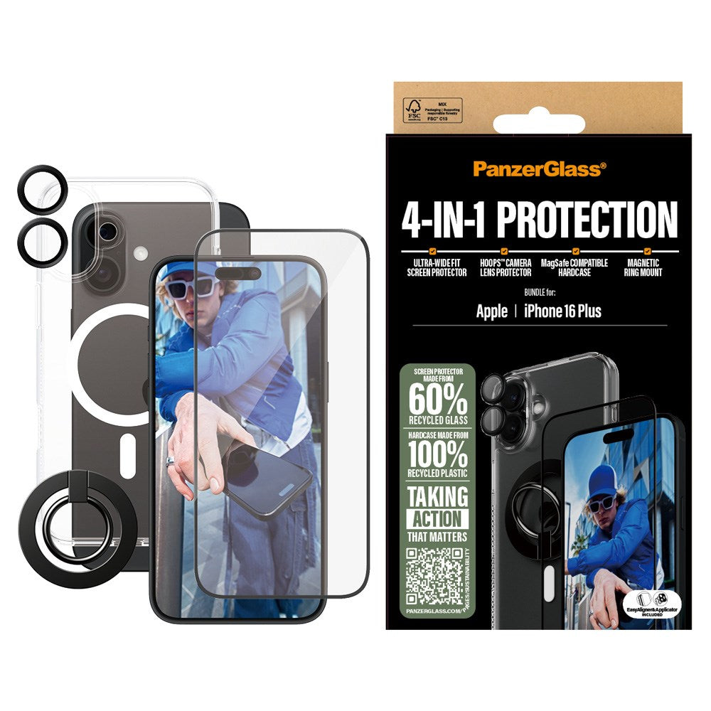 iPhone 16 Plus PanzerGlass 4-i-1 Bundle m. EasyAligner - Skärmskydd (UWF) / Skal / Kameraskydd / Fingerring - Genomskinlig / Svart