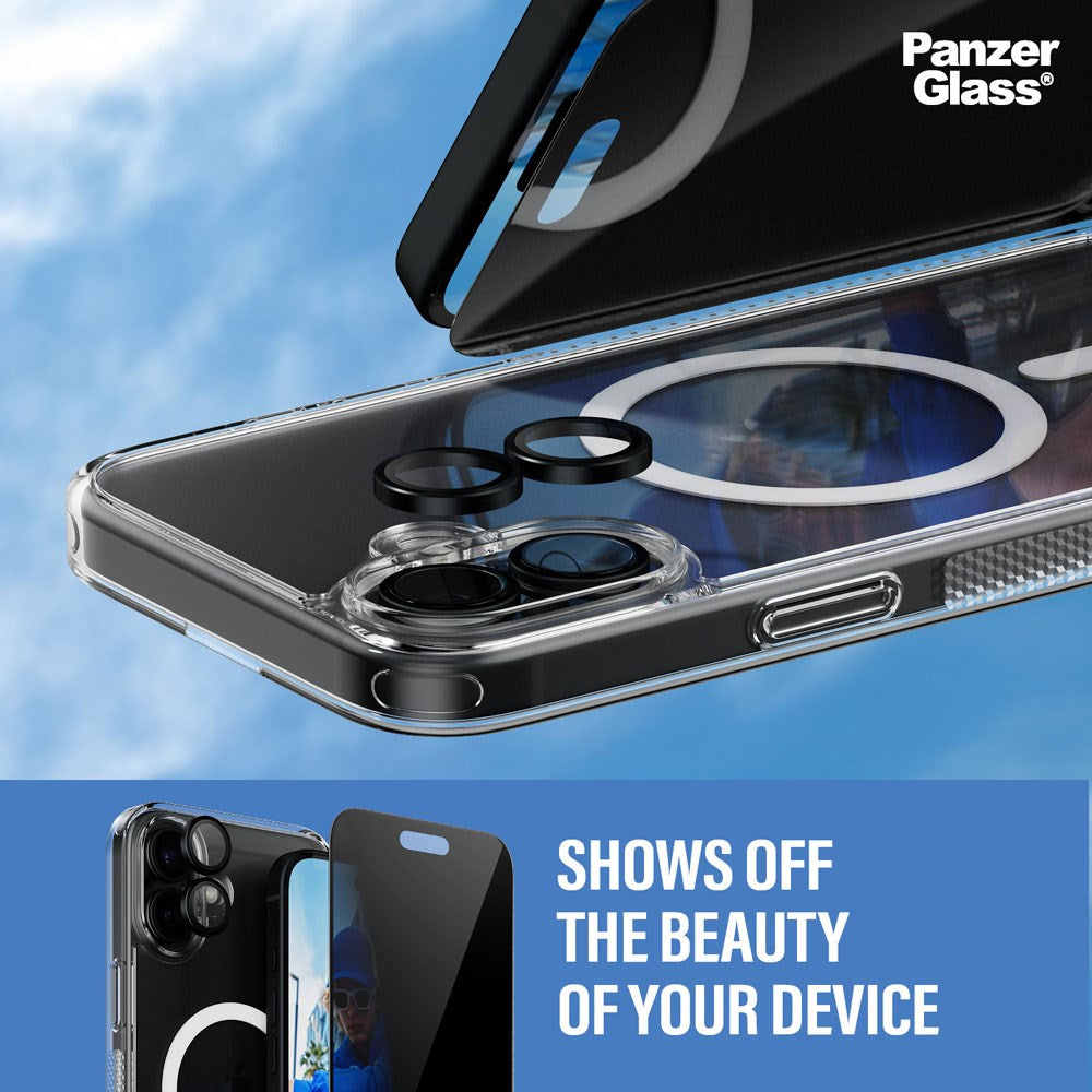 iPhone 16 Plus PanzerGlass 3-i-1 Bundle m. EasyAligner - Privacy Skärmskydd (UWF) / Skal / Kameraskydd - Genomskinlig / Svart