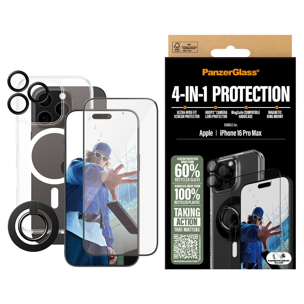 iPhone 16 Pro Max PanzerGlass 4-i-1 Bundle m. EasyAligner - Skärmskydd (UWF) / Skal / Kameraskydd / Fingerring - Genomskinlig / Svart