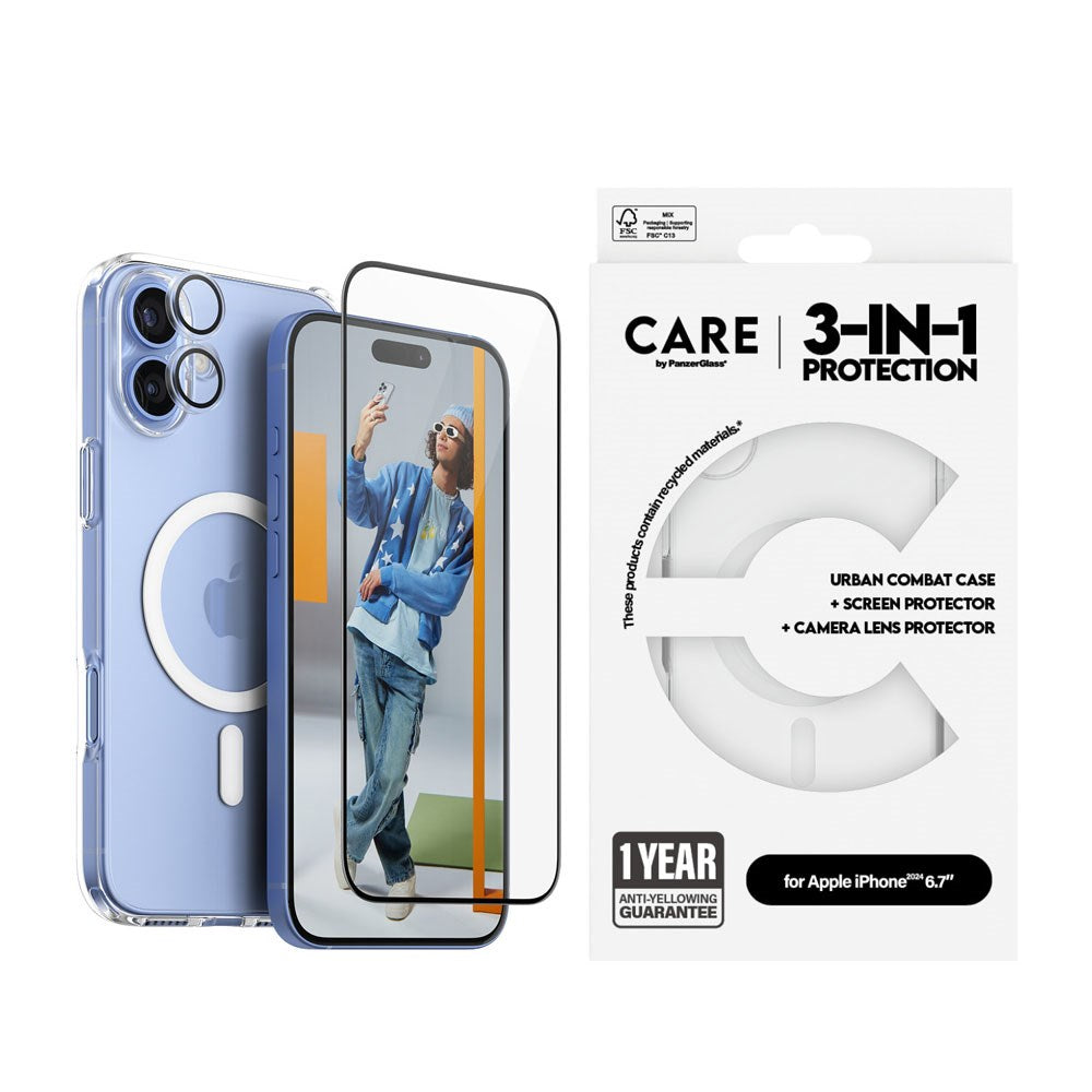 CARE By PanzerGlass iPhone 16 Plus 3-i-1 FLAGSHIP MagSafe Bundle - Skärmskydd (UWF) / Skal / Kameraskydd - Genomskinlig / Vit