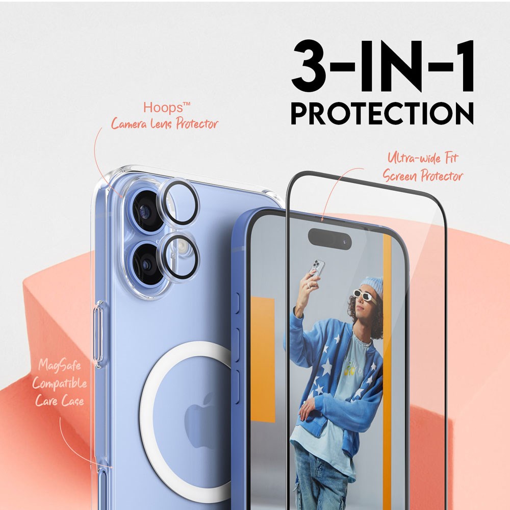 CARE By PanzerGlass iPhone 16 Plus 3-i-1 FLAGSHIP MagSafe Bundle - Skärmskydd (UWF) / Skal / Kameraskydd - Genomskinlig / Vit