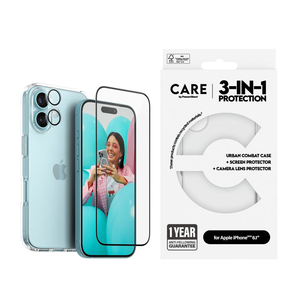 CARE By PanzerGlass iPhone 16 3-i-1 FLAGSHIP Bundle - Skärmskydd (UWF) / Skal / Kameraskydd - Genomskinlig