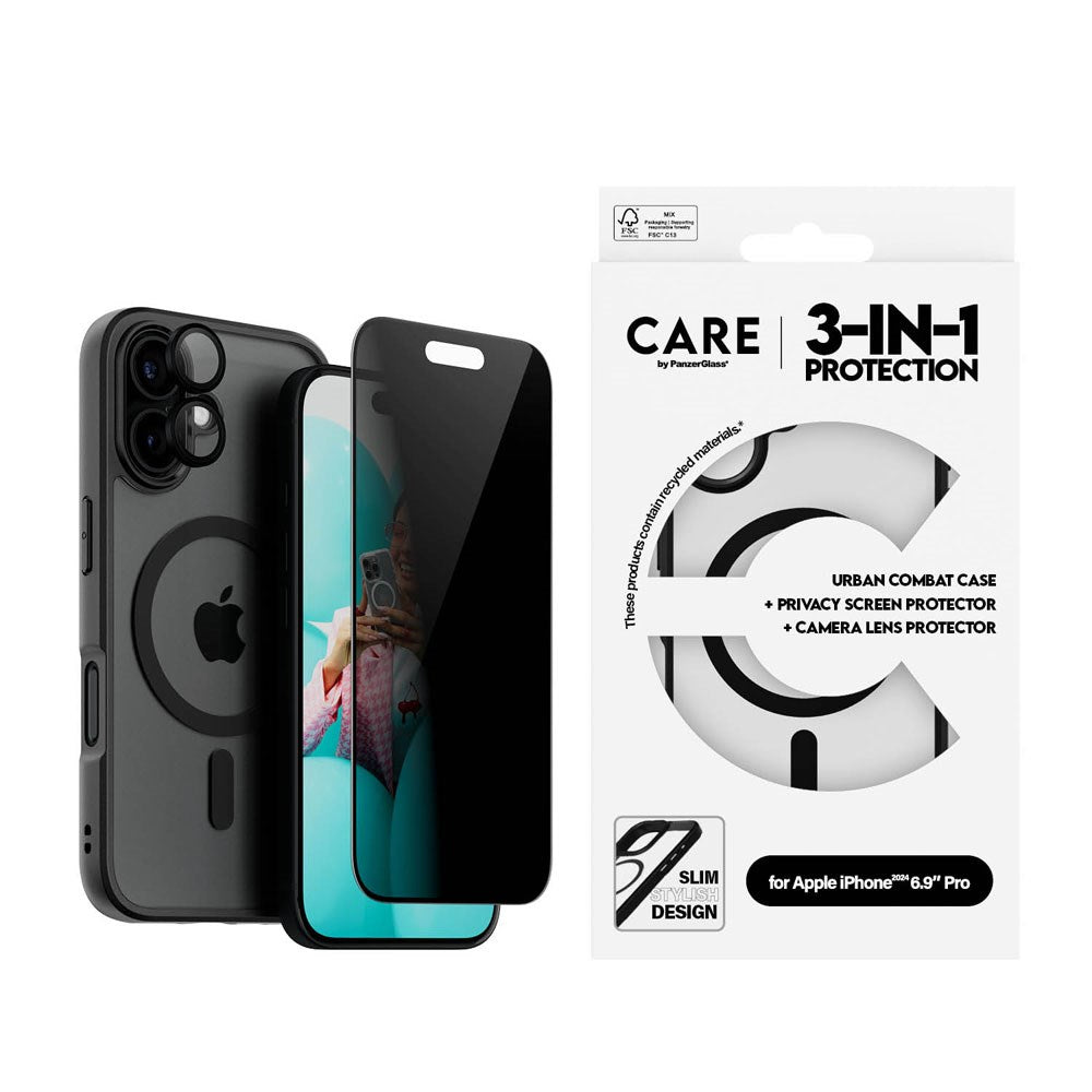 CARE By PanzerGlass iPhone 16 3-i-1 FLAGSHIP MagSafe Bundle - Privacy Skärmskydd (UWF) / Skal / Kameraskydd - Genomskinlig / Svart