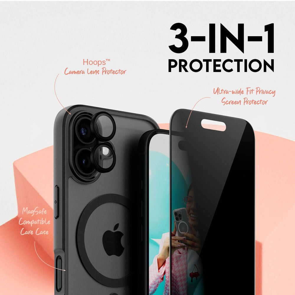 CARE By PanzerGlass iPhone 16 3-i-1 FLAGSHIP MagSafe Bundle - Privacy Skärmskydd (UWF) / Skal / Kameraskydd - Genomskinlig / Svart