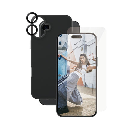 CARE By PanzerGlass iPhone 16 Plus 3-i-1 FASHION Bundle - Skärmskydd (UWF) / Skal / Kameraskydd - Genomskinlig / Svart