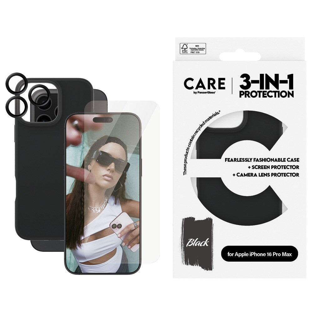 CARE By PanzerGlass iPhone 16 Pro Max 3-i-1 FASHION Bundle - Skärmskydd (UWF) / Skal / Kameraskydd - Genomskinlig / Svart