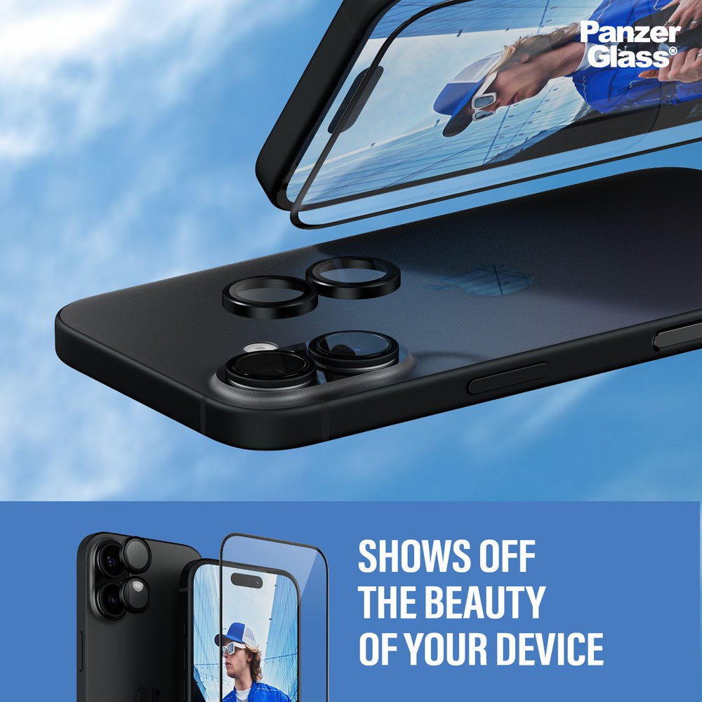 iPhone 16 PanzerGlass 2-i-1 Bundle m. EasyAligner - Skärmskydd (UWF) / Kameraskydd - Genomskinlig / Svart