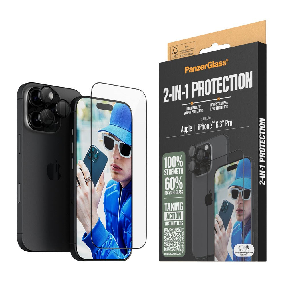 iPhone 16 Pro PanzerGlass 2-i-1 Bundle m. EasyAligner - Skärmskydd (UWF) / Kameraskydd - Genomskinlig / Svart