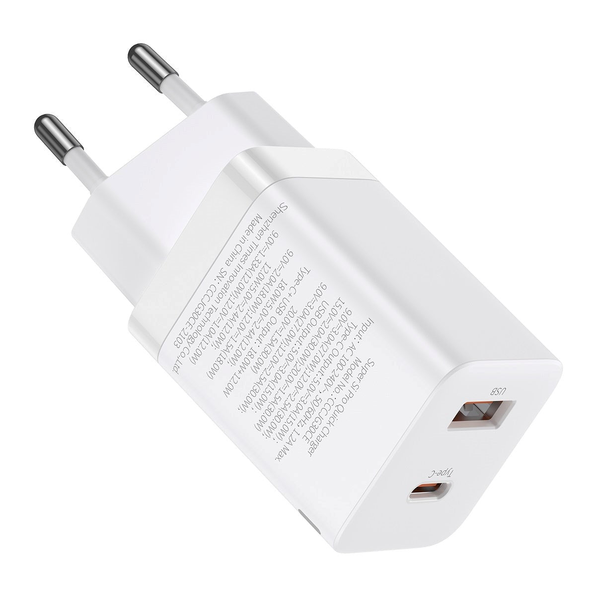 Baseus 30W Super Si Pro Väggladdare USB-C och USB-A - Vit