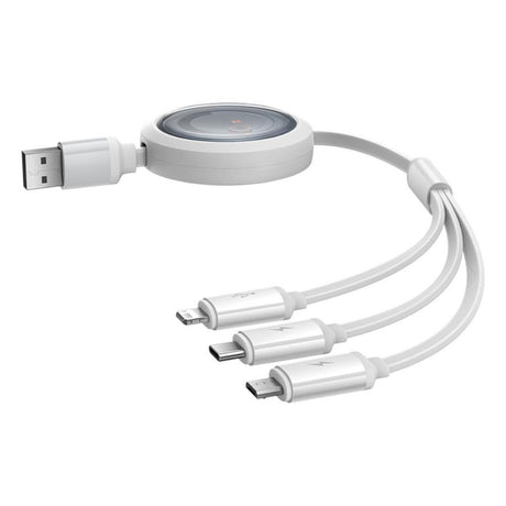Baseus Free2Draw 3-i-1 Utdragbar Multikabel - USB-A till USB-C / Lightning / Micro USB - 1.1m - Vit