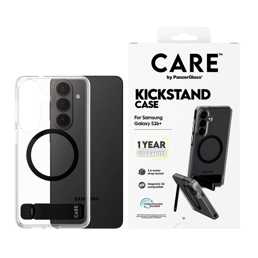Samsung Galaxy S26+ (Plus) CARE by PanzerGlass Feature Kickstand Skal - Qi Kompatibel - Transparent / Black