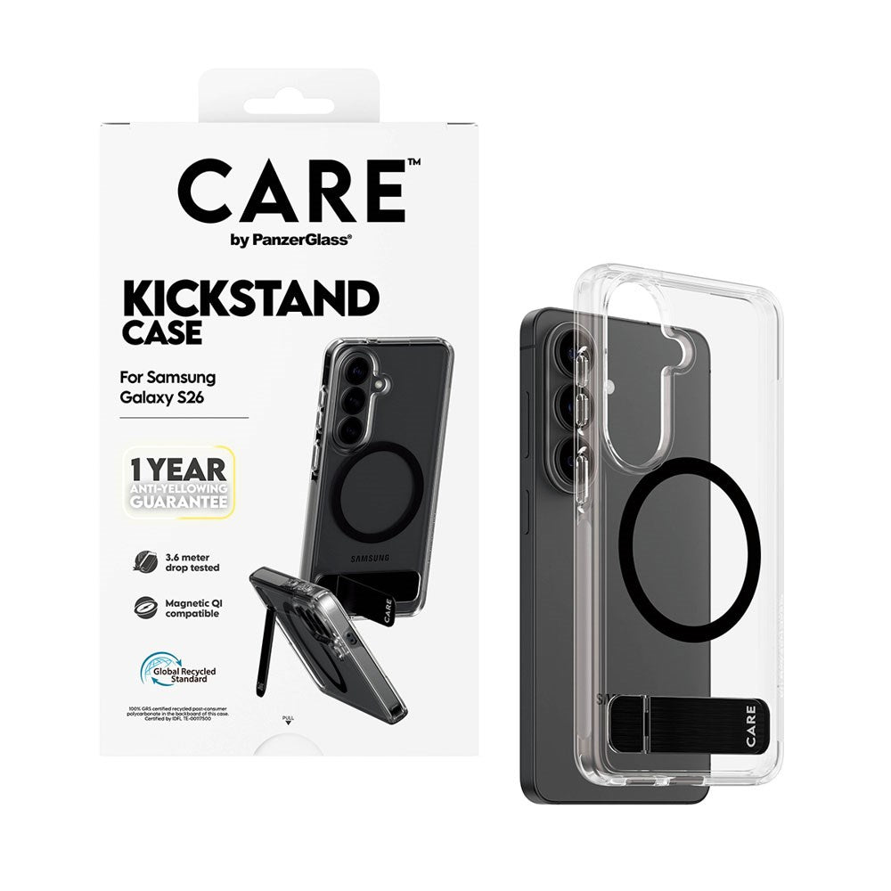 Samsung Galaxy S26 CARE by PanzerGlass Feature Kickstand Skal - Qi Kompatibel - Transparent / Black