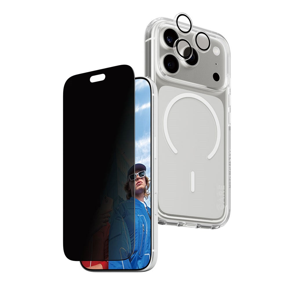 iPhone 18 Pro CARE by PanzerGlass 3-i-1 FLAGSHIP Bundle - Skal / Privacy Skärmskydd (UWF) / Kameraskydd - Genomskinlig / Svart