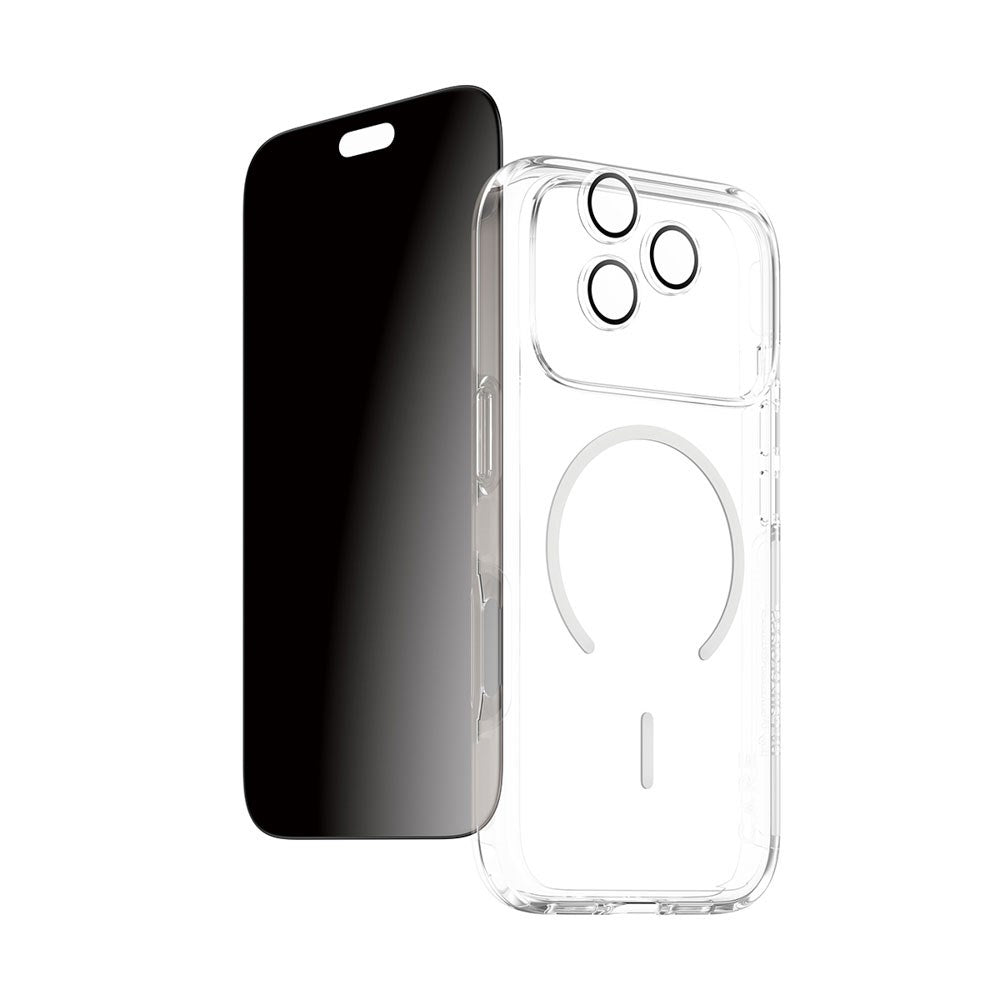 iPhone 18 Pro CARE by PanzerGlass 3-i-1 FLAGSHIP Bundle - Skal / Privacy Skärmskydd (UWF) / Kameraskydd - Genomskinlig / Svart