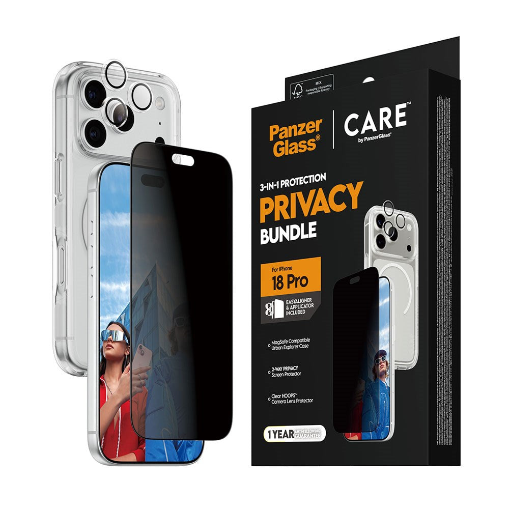 iPhone 18 Pro CARE by PanzerGlass 3-i-1 FLAGSHIP Bundle - Skal / Privacy Skärmskydd (UWF) / Kameraskydd - Genomskinlig / Svart
