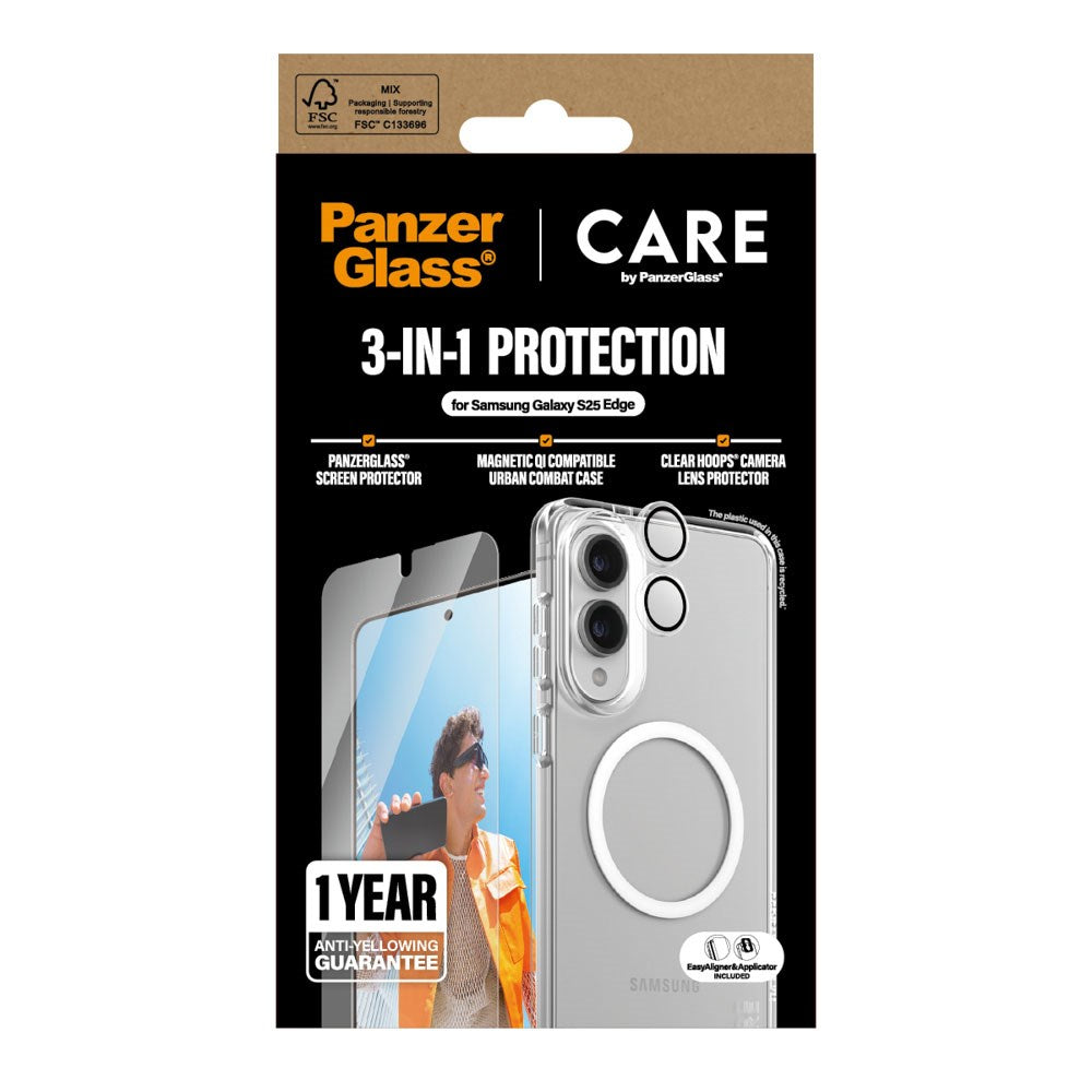 CARE by PanzerGlass Samsung Galaxy S25 Edge 3-i-1 FLAGSHIP Bundle - Skal / Skärmskydd (UWF) / Kameraskydd - Genomskinlig / Vit