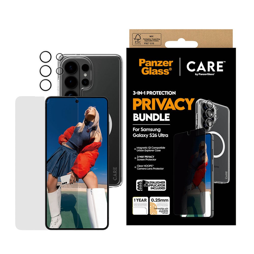 Samsung Galaxy S26 Ultra Urban Combat 3-in-1 Privacy Bundle med Skal / Skärmskydd (Privacy) / Kameraskydd - Qi Kompatibel - Genomskinlig