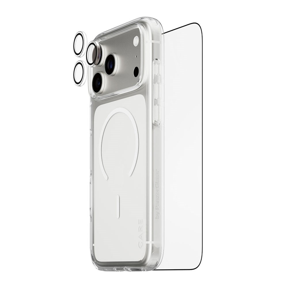 iPhone 18 Pro Max CARE By PanzerGlass 3-i-1 FLAGSHIP Bundle - Skärmskydd (UWF) / Skal / Kameraskydd - Genomskinlig